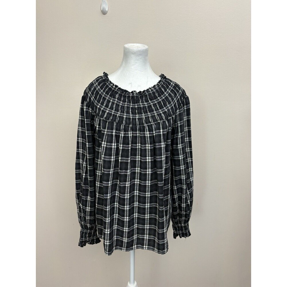 Universal Tread Women's Balloon Long Sleeve Smocked Blouse Charcoal Plaid M